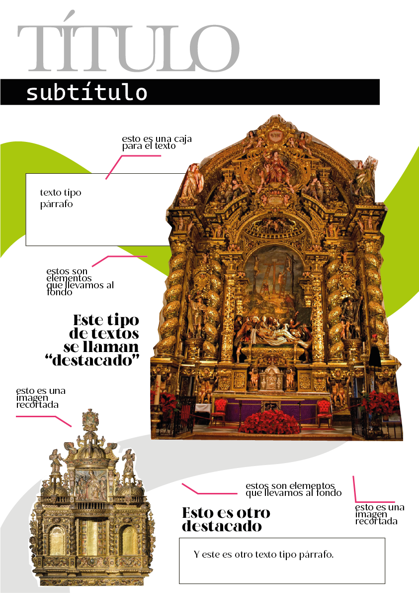 Ejemplo de maquetación con título, subtítulo, imágenes recortadas, cajas de texto y destacados